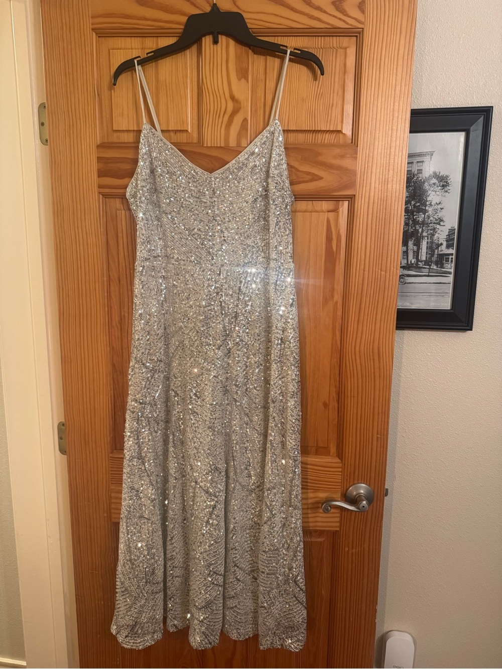 LOFT Silver Sequin Slip Gown with Spaghetti Straps